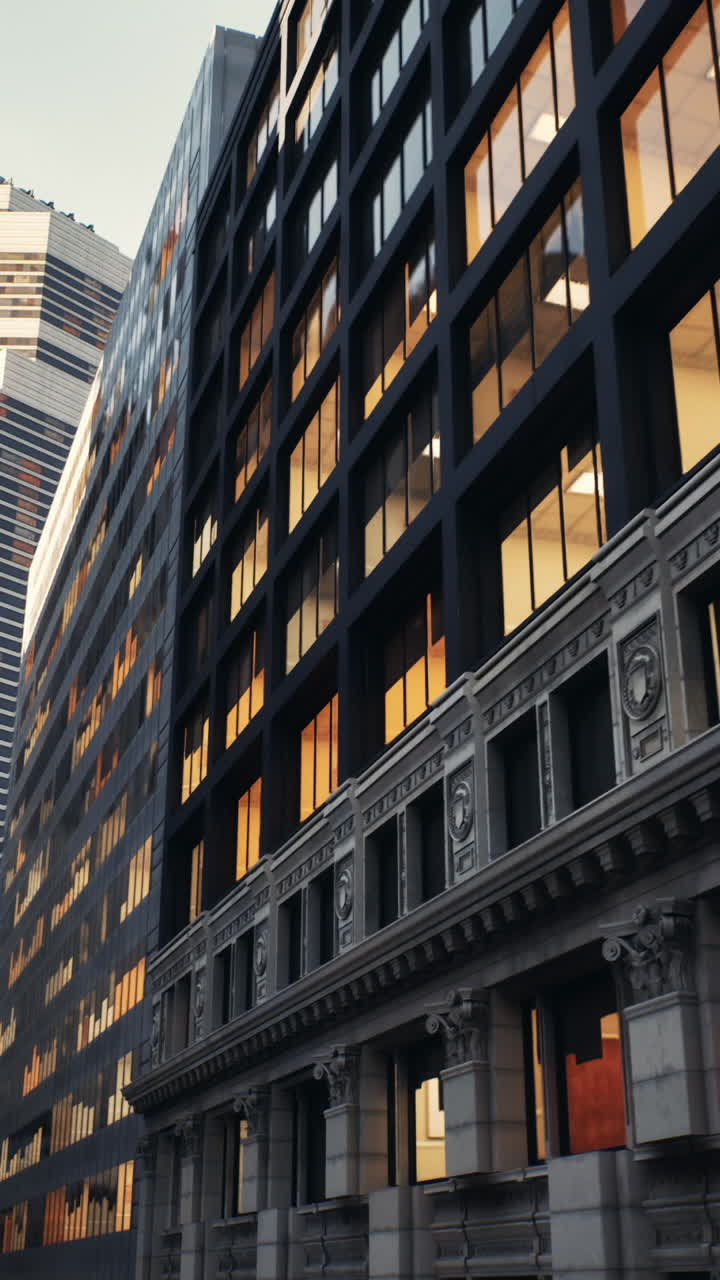 rascacielos moderno con fachada de vidrio y ventanas iluminadas en una ciudad