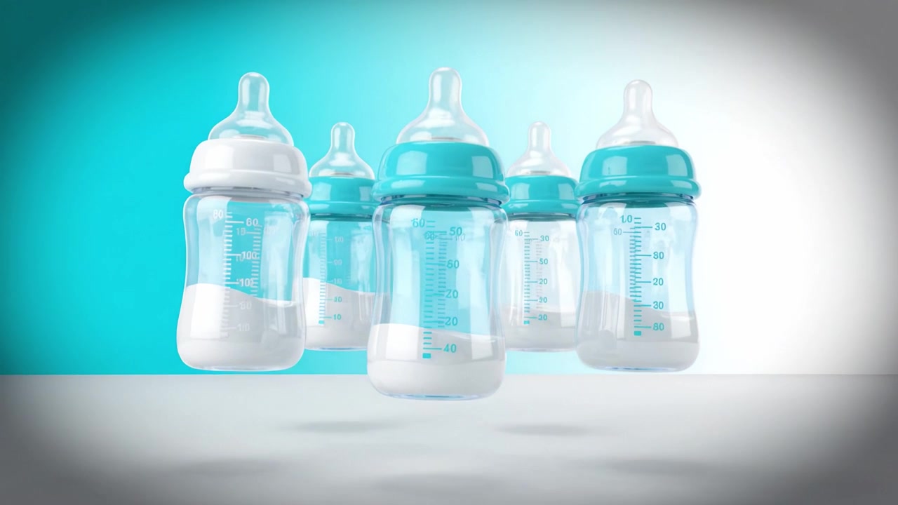 Biberon galleggianti dal design moderno con tacche di misurazione su uno sfondo dai colori tenui per concetti di alimentazione infantile.