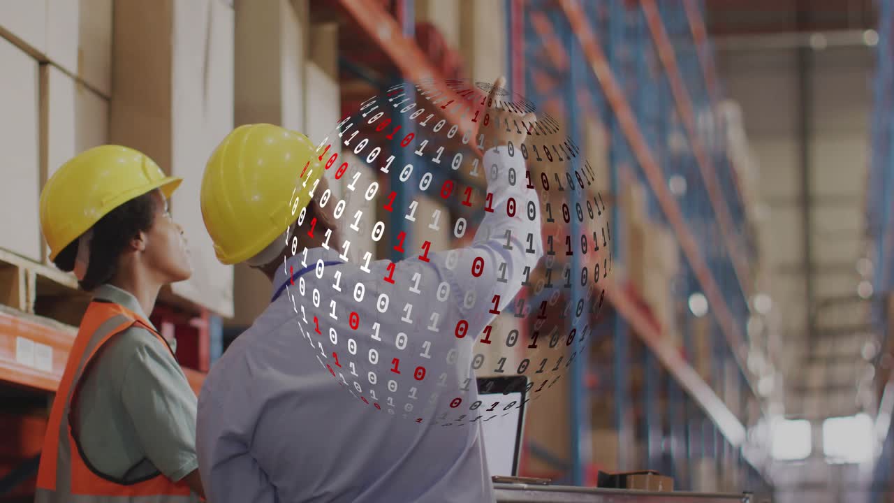 Supervisor pointing warehouse racks while using tablet, initiating binary globe showing inventory