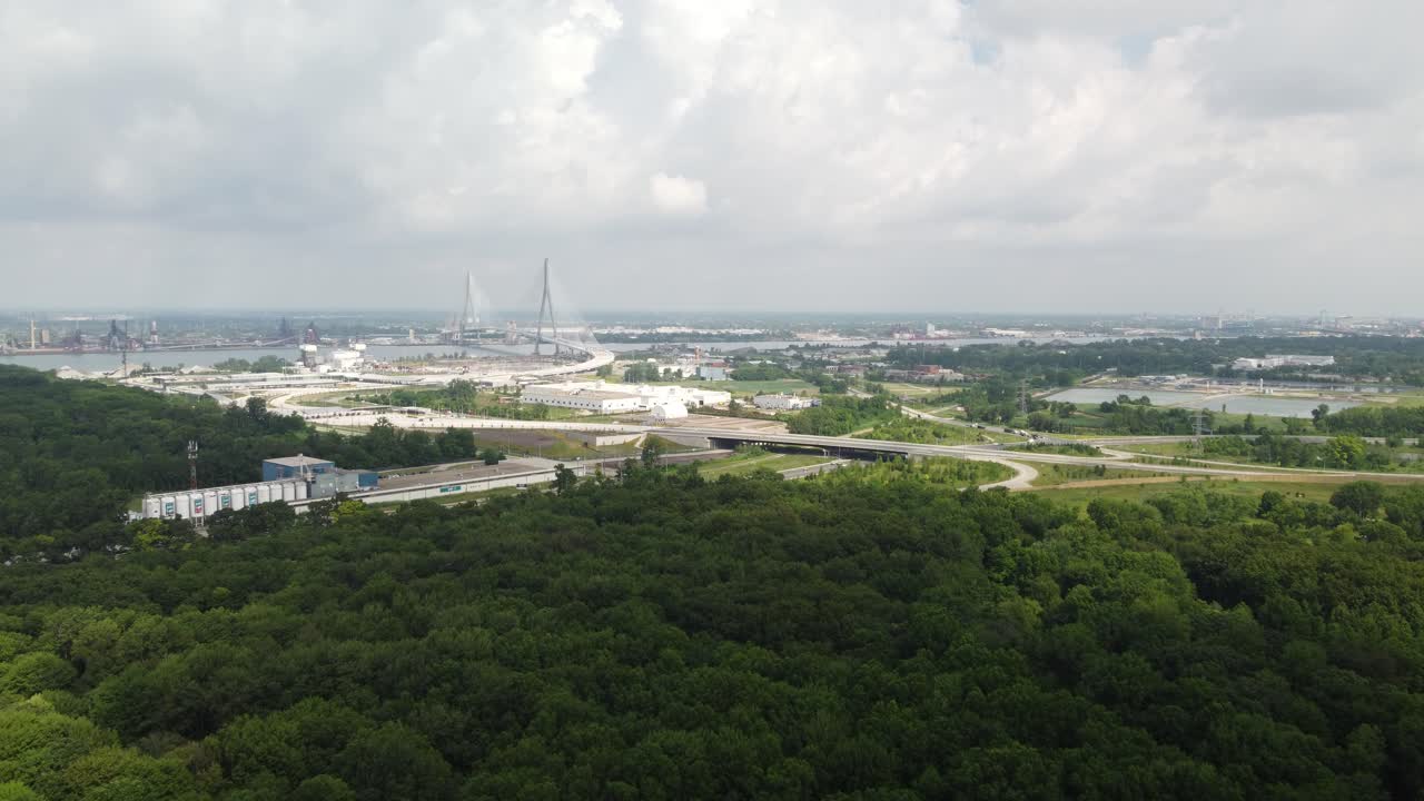 4K Drone Approach Toward Gordie Howe International Bridge, Windsor Ontario"
