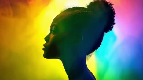 silhouette of a woman with rainbow lighting