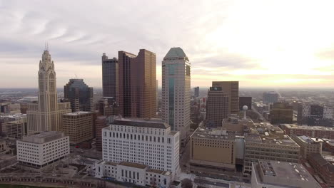 wide revealing drone shot of downtown columbus ohio with sunsetting