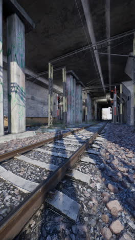 train track passing through graffiticovered tunnel