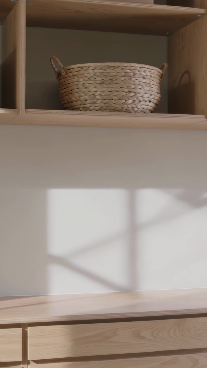 Video verticale: Telecamera che panoramica a destra, rivelando una mensola in legno domestica con scatola, cesto, vaso e ombra a griglia.