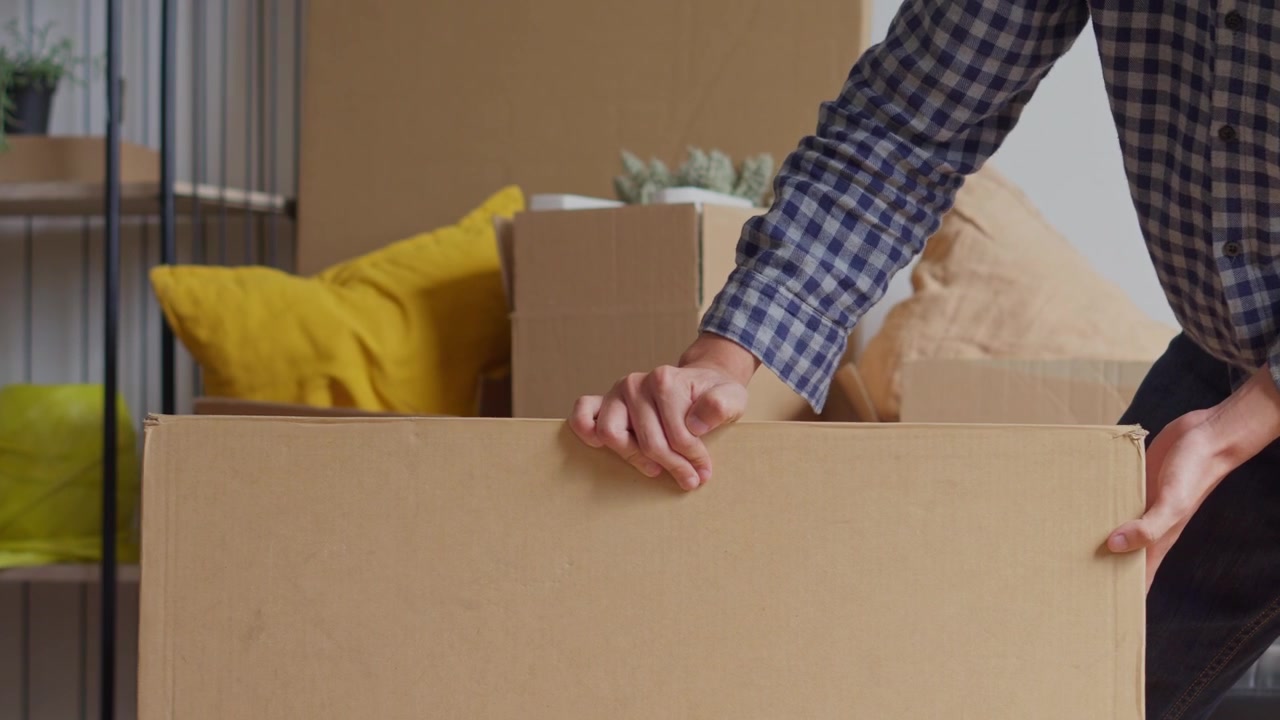 Close-up of hands and arms moving packed carton inside new home