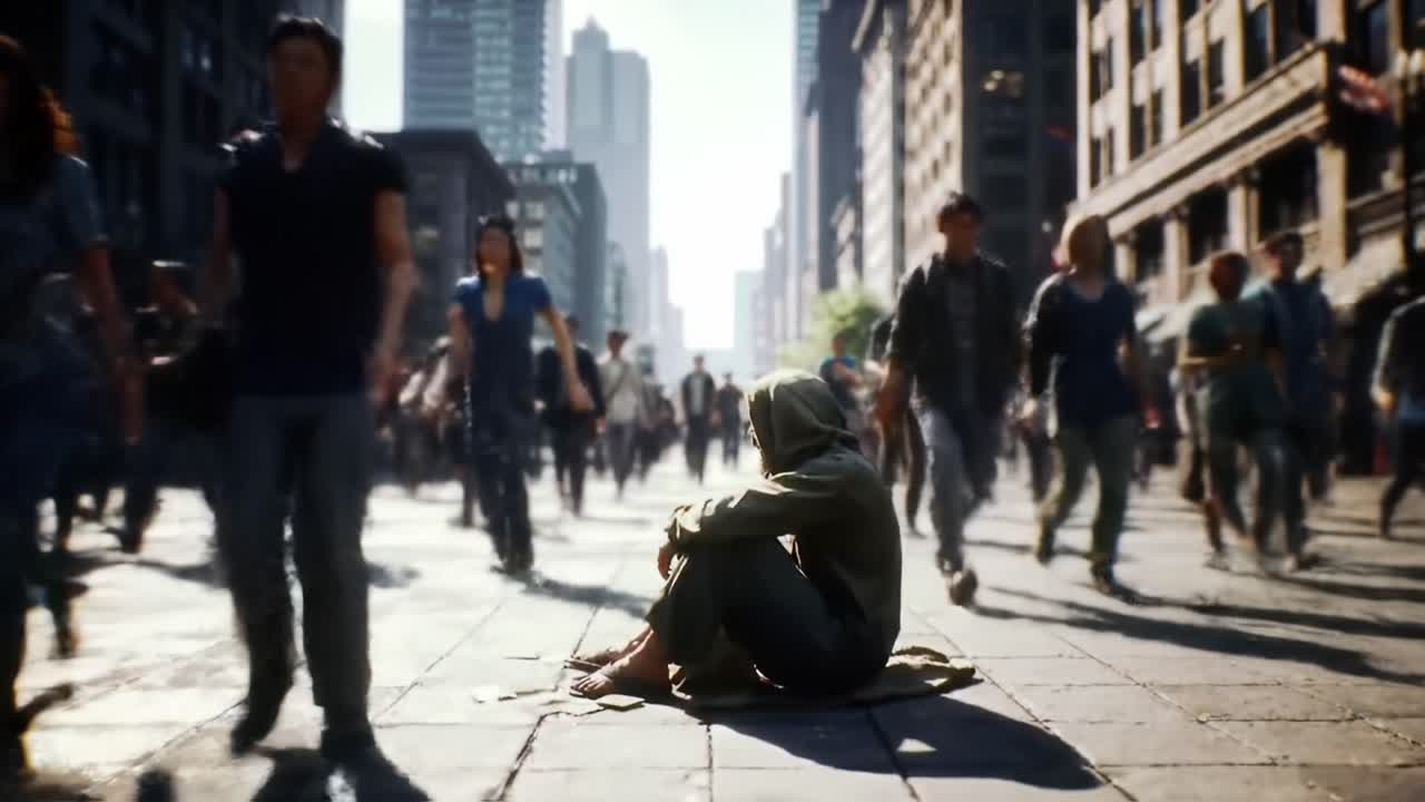 In a bustling city center, a homeless person sits on the ground, seemingly unnoticed amidst a sea of hurried pedestrians. The contrast highlights urban life's fast pace.