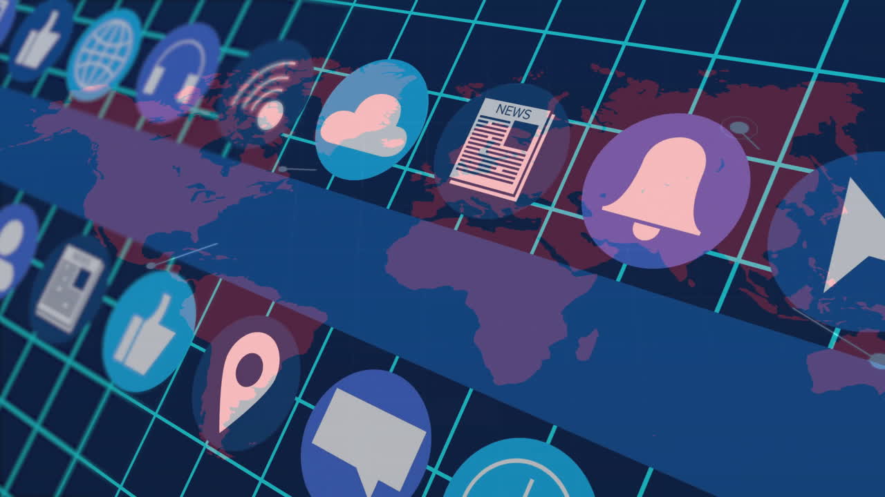Animation of digital icons and notifications over world map with grid background