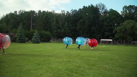 a young group of men is playing bubble football in the park, they are bumping into eachother