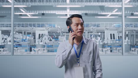 asian male professional worker standing at factory digitalization, he pick the phone up and started to speaking with it