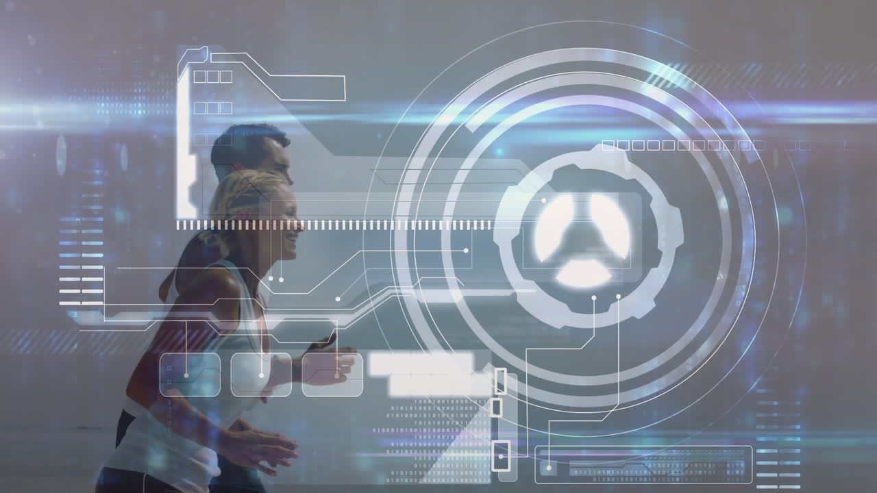 Animation of data processing over diverse couple running on beach