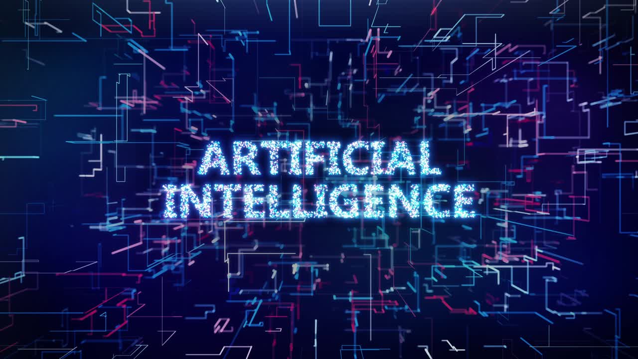 Artificial Intelligence concept on a digital background with machine learning, tech network, data flow, and blockchain elements