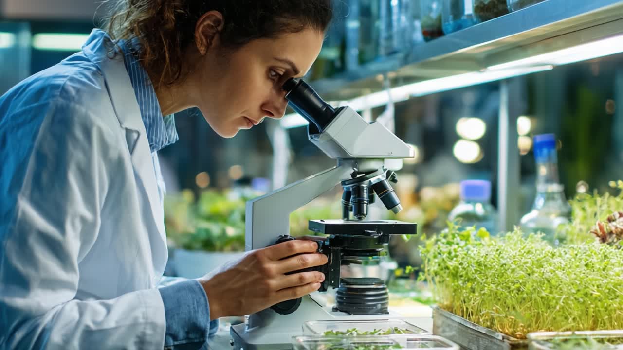 Focused Scientist Examining Samples Under Microscope in a Research Lab Filled with Plants, Exploring Plant Biology and Growth Patterns