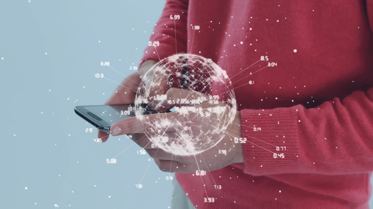 animación de la red de conexiones y el globo sobre el hombre biracial usando teléfono inteligente