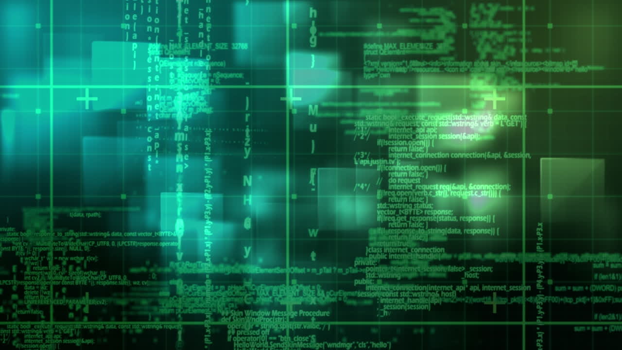 Animation of digital data processing over screens and grid background