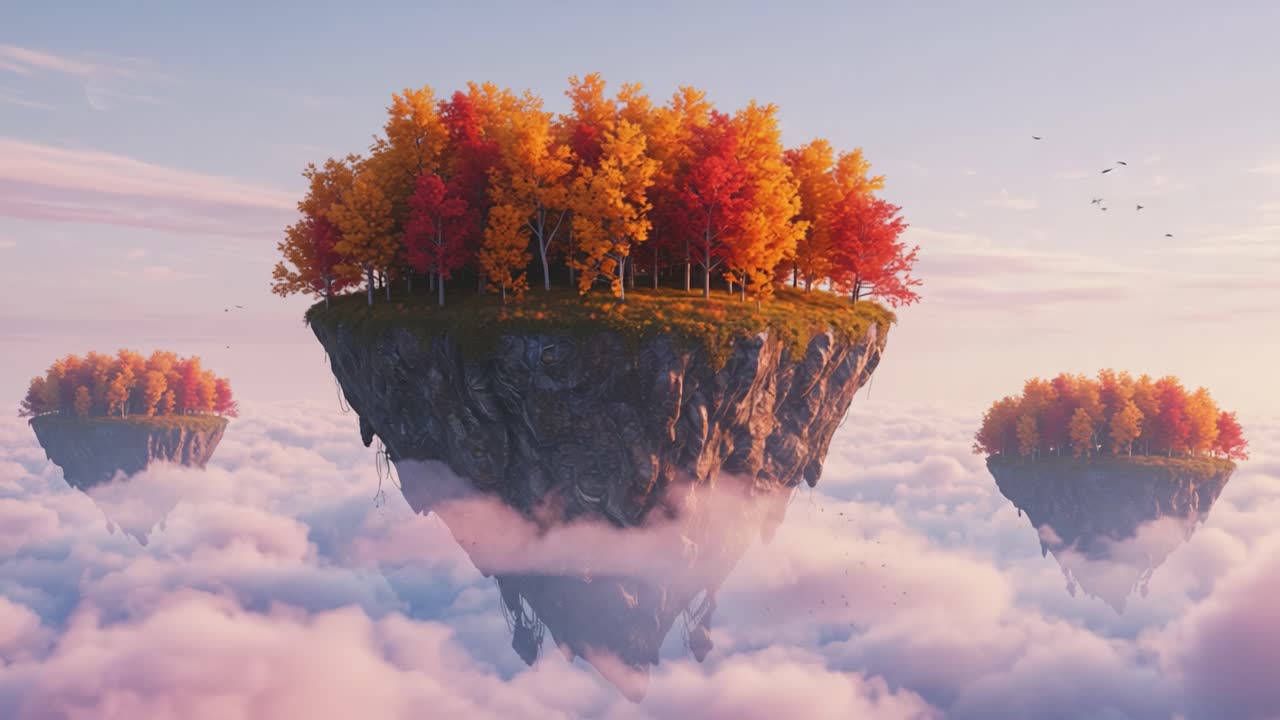 A Stunning View of Floating Islands with Colorful Autumn Trees Surrounded by Dreamy Clouds and a Soft Pastel Sky: An Enchanted Vision of Nature's Beauty