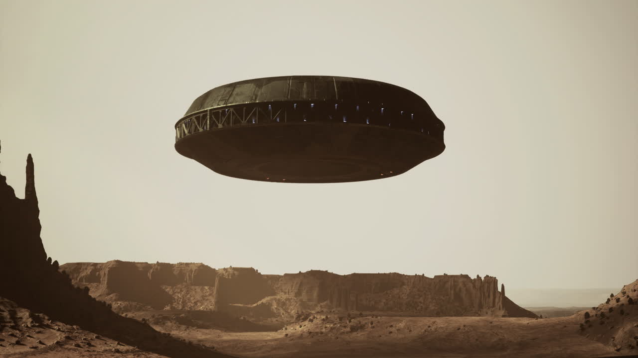 Ufo observed above rocky terrain in a surreal landscape during twilight