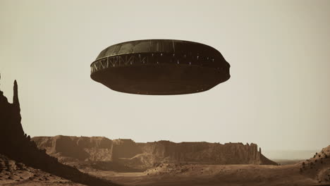 ufo observed above rocky terrain in a surreal landscape during twilight