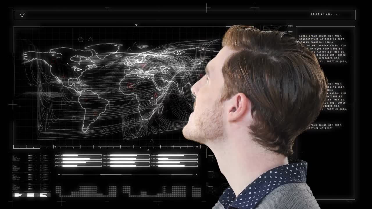 Animation of caucasian businessman over data processing on black background