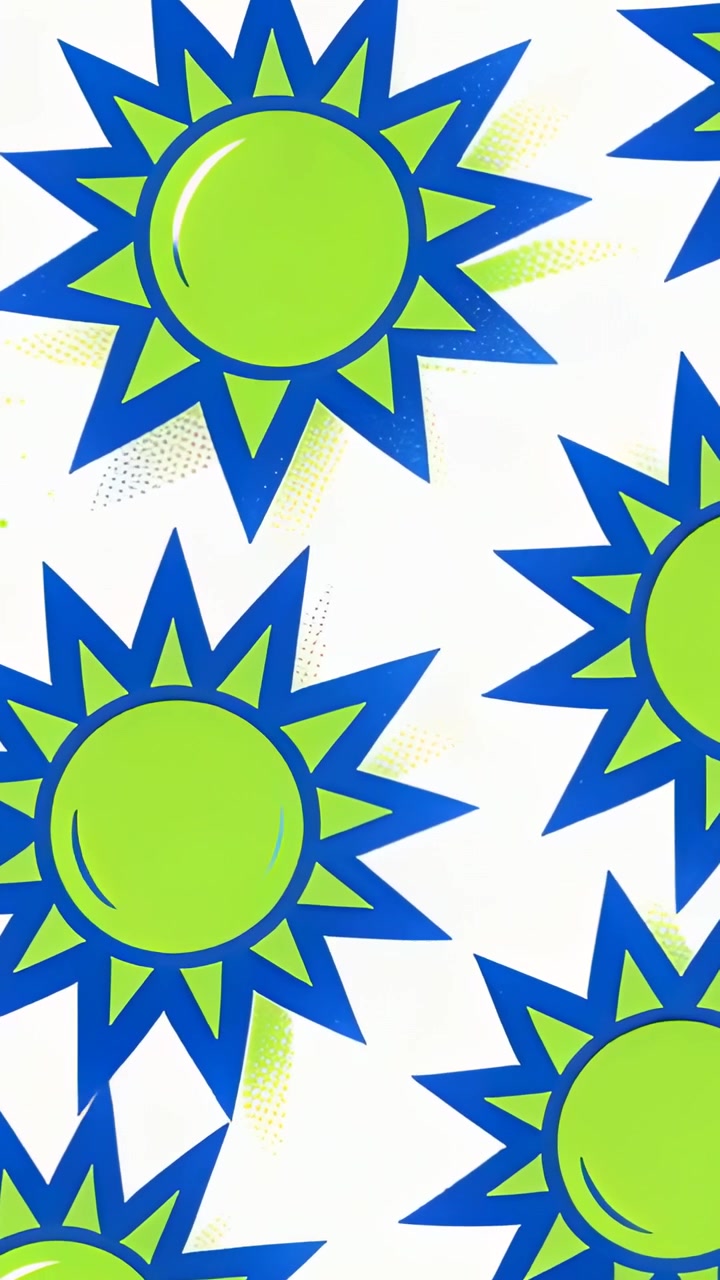 Vertical video: Camera panning over center sun motif on panel to reveal lime core and blue rays