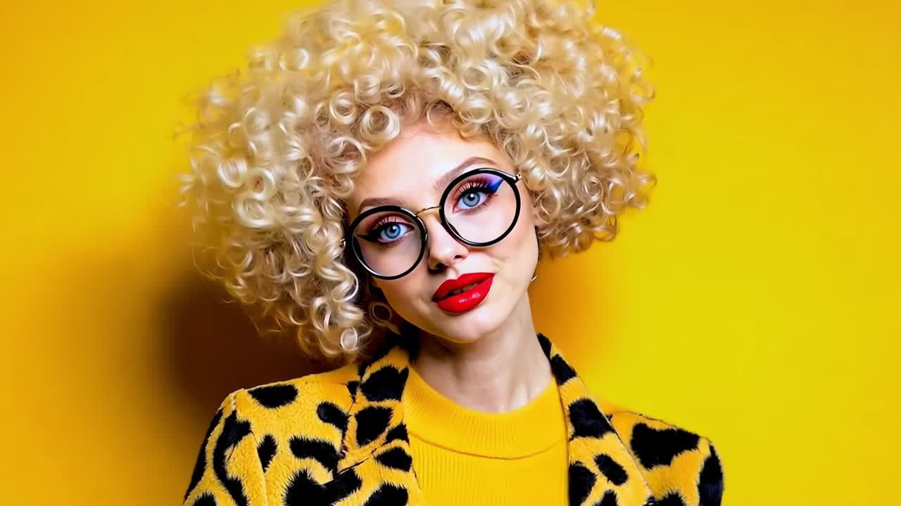 una mujer con un suéter amarillo y una chaqueta de impresión de leopardo