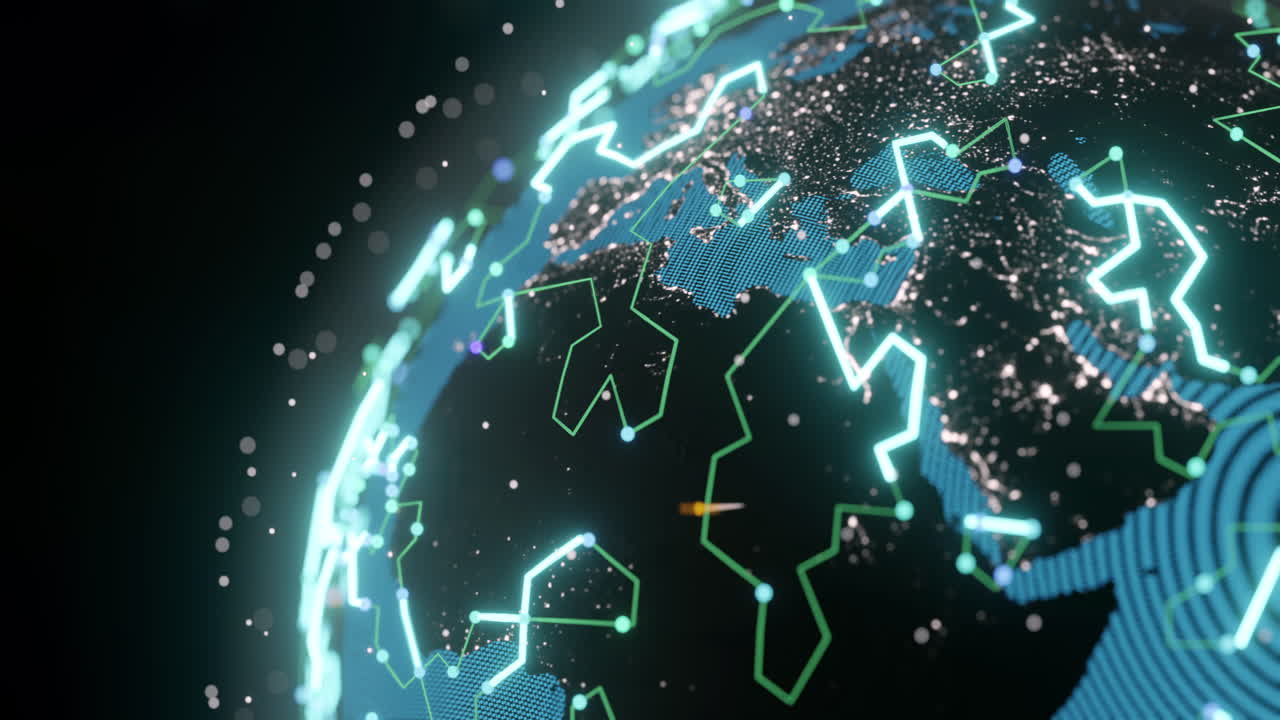 Animation of glowing blue mesh of connections with icons over globe on black background