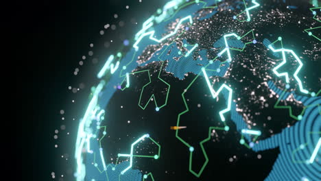 animation of glowing blue mesh of connections with icons over globe on black background