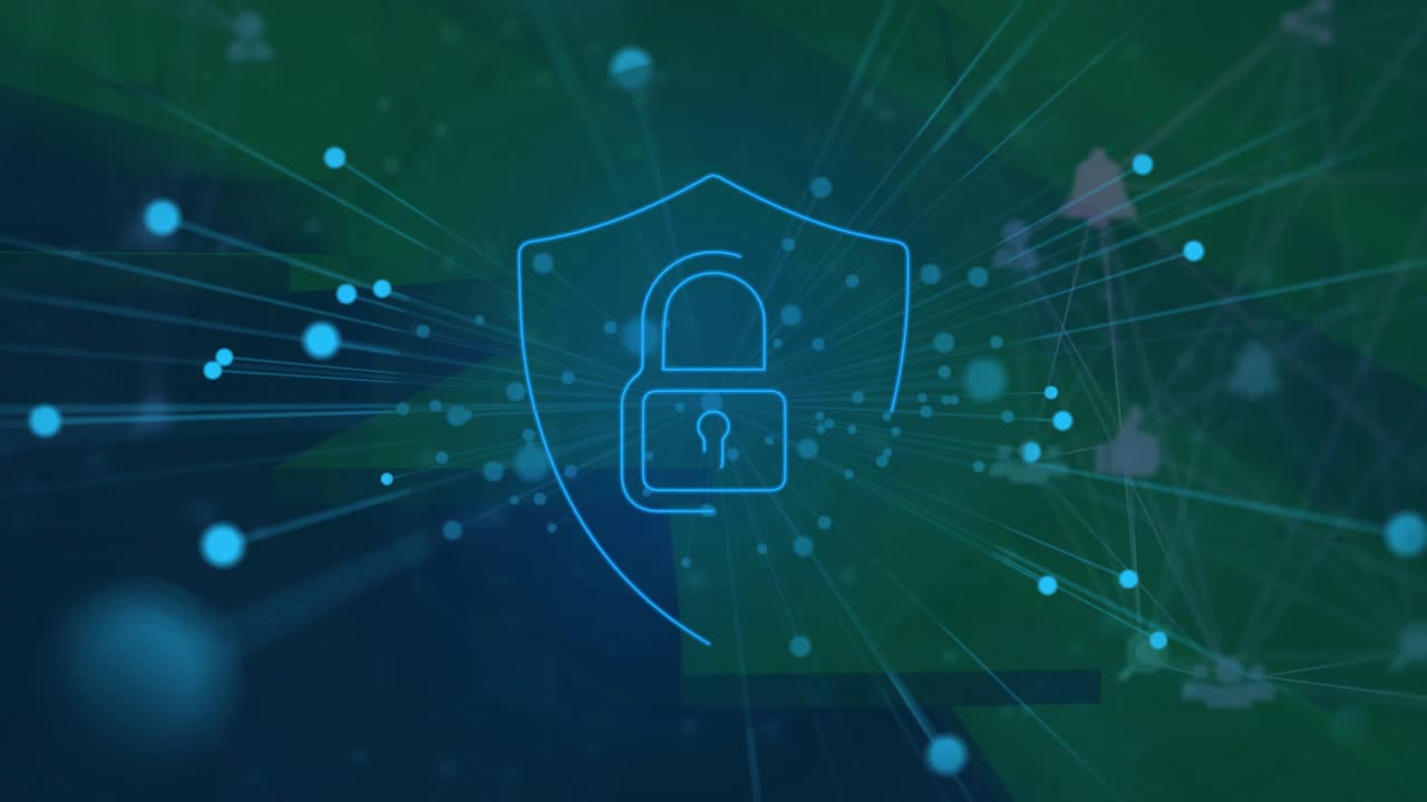 Animation of dots around padlock in shield, connected icons globe over abstract background