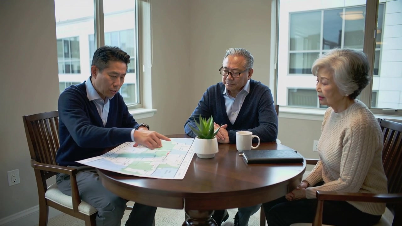 Smoothing plan, younger man in shirt pointing at map on dining table, explaining plan, with plant
