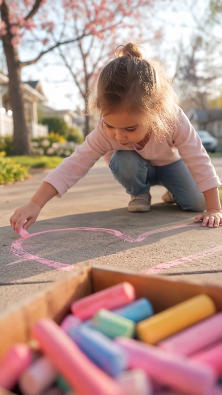 Un bambino piccolo accovacciato su un marciapiede residenziale disegna un grande cuore rosa con un gessetto, la mano premuta sul cemento, segni colorati, luce solare calda, sfondo morbido del quartiere.