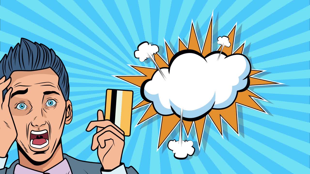 신용카드 팝 아트와 클라우드 애니메이션을 가진 사업가