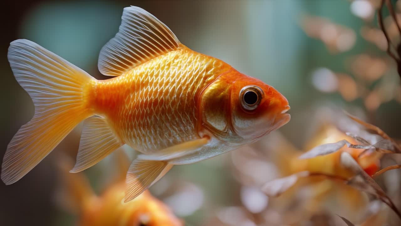A Vibrant Goldfish Swimming Gracefully in Its Underwater Habitat Surrounded by Aquatic Plants and Soft Natural Lighting for a Serene Aquatic Scene