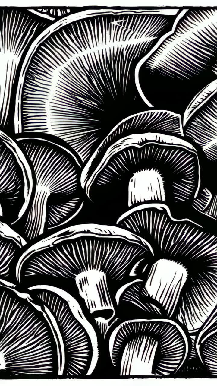 Black and White Mushroom Woodcut Pattern