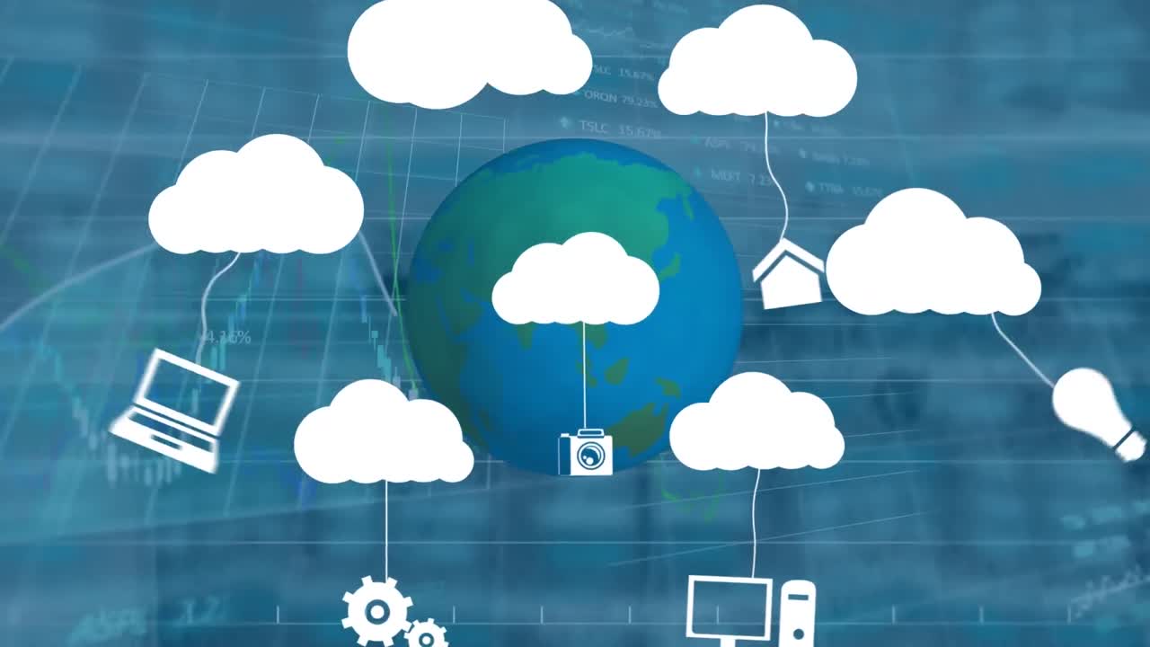 데이터 처리에 대한 아이콘과 글로브와 함께 구름의 애니메이션