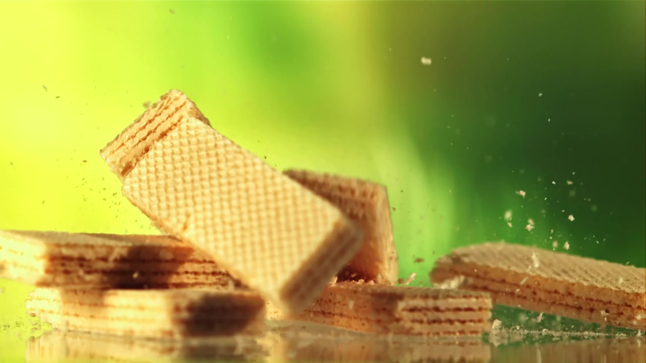 Biscotti wafer dorati che cadono e si rompono al rallentatore