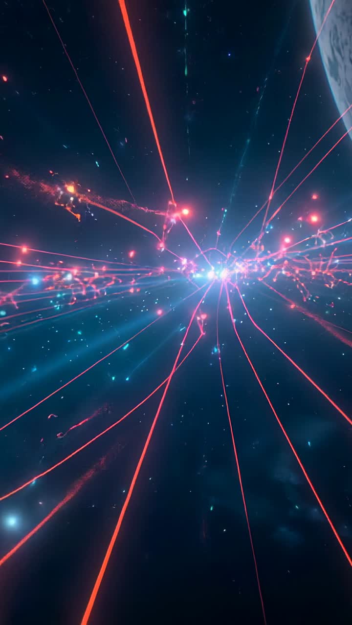 Vertical video: Moving cam showing core in space, sending red filaments, beam, sparks, planet limb