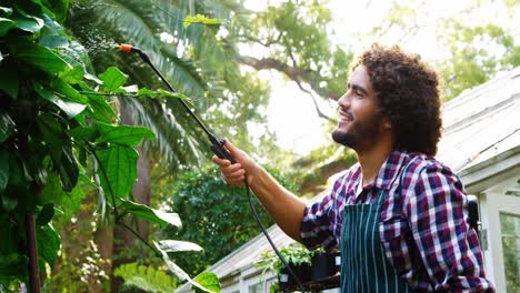 hombre regando la planta con rociador de jardín
