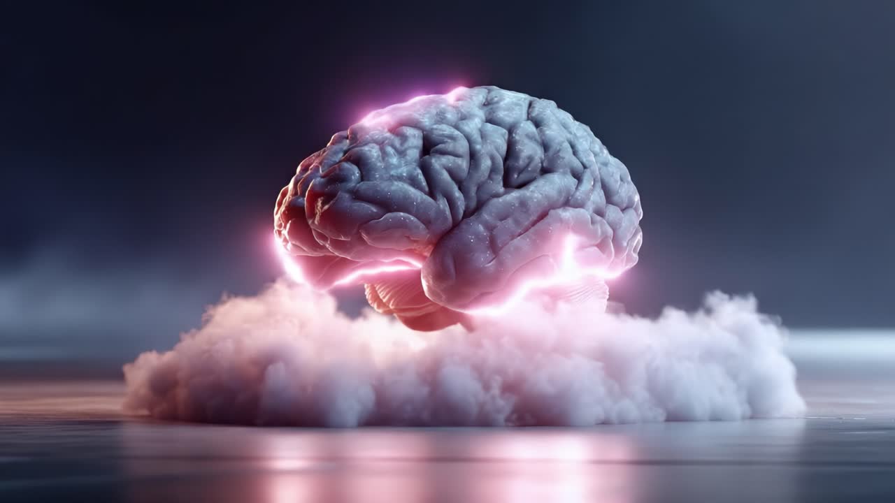 A Stunning Visualization of a Human Brain Surrounded by Ethereal Clouds, Highlighting the Fusion of Biology and Technology in a Captivating Digital Art Presentation