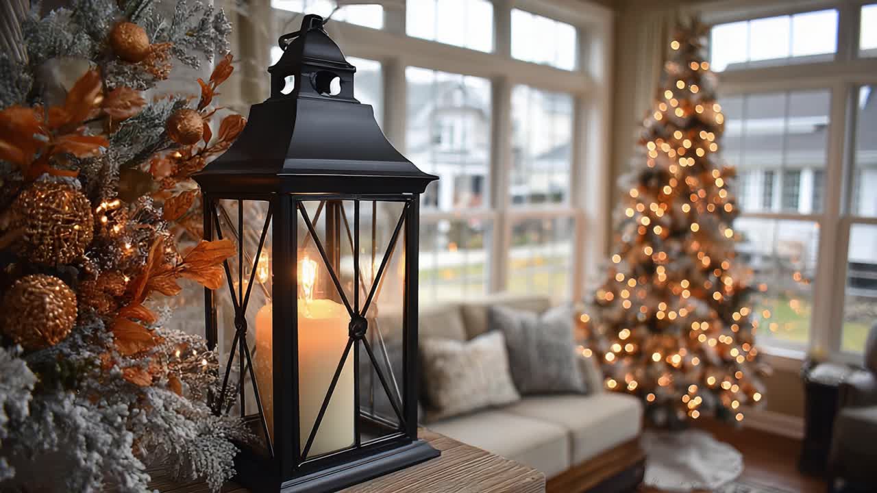A Warm and Inviting Holiday Living Room Decorated with a Beautiful Christmas Tree, Cozy Furniture, and a Lantern Candle Providing Soft, Festive Glow