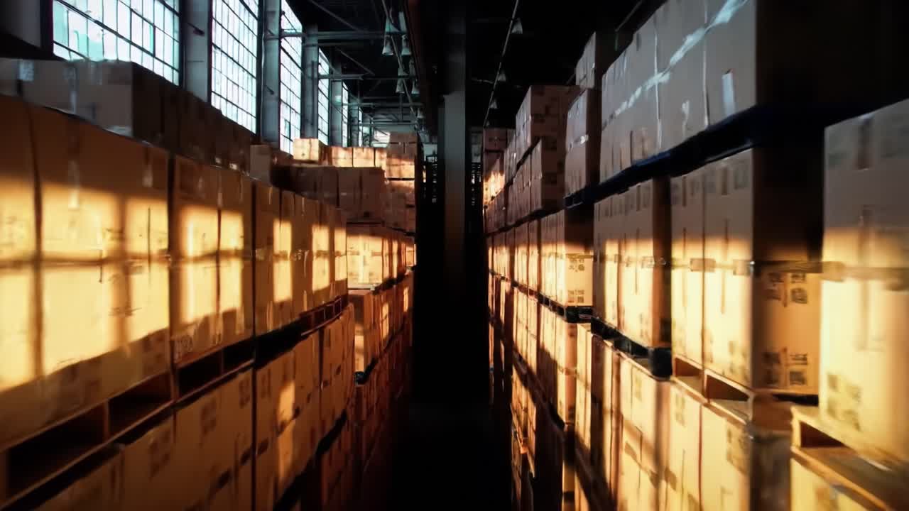 A warehouse interior fills with golden light as the sun sets, illuminating rows of stacked boxes. This setting highlights the organized structure and depth of the space.