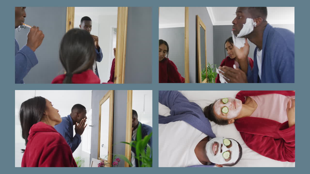 animación de cuatro fotogramas con una feliz pareja biracial en casa y cuidándose a sí misma sobre un fondo azul