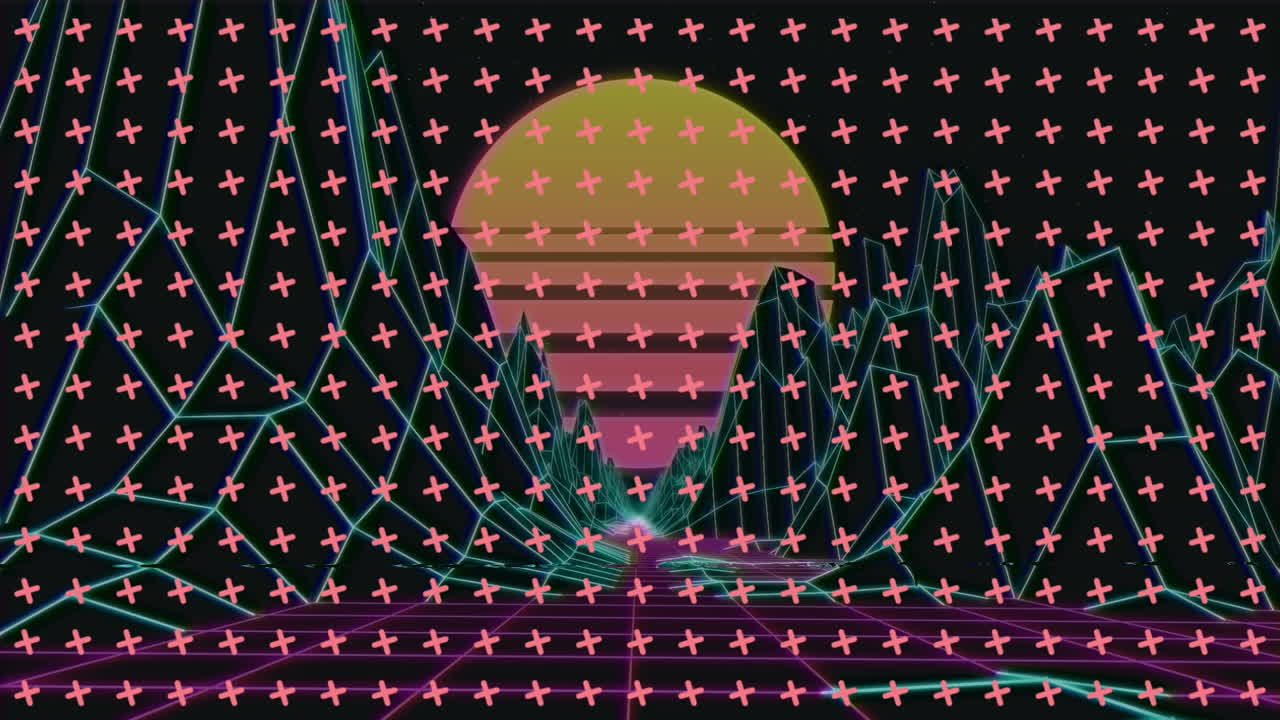 animación de cruces sobre el paisaje del metaverso con el sol