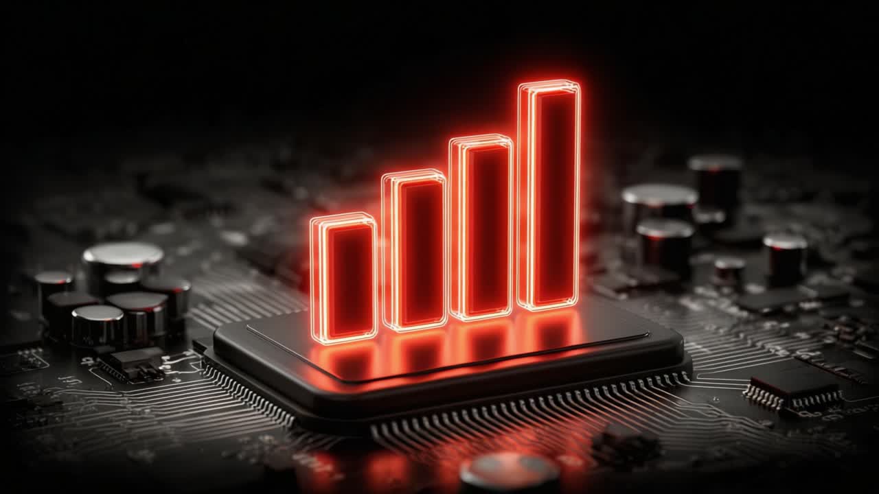 Red neon light bar chart glowing on top of a central processing unit, illustrating concepts of digital data analysis, financial market trends, economic growth, and technological advancement