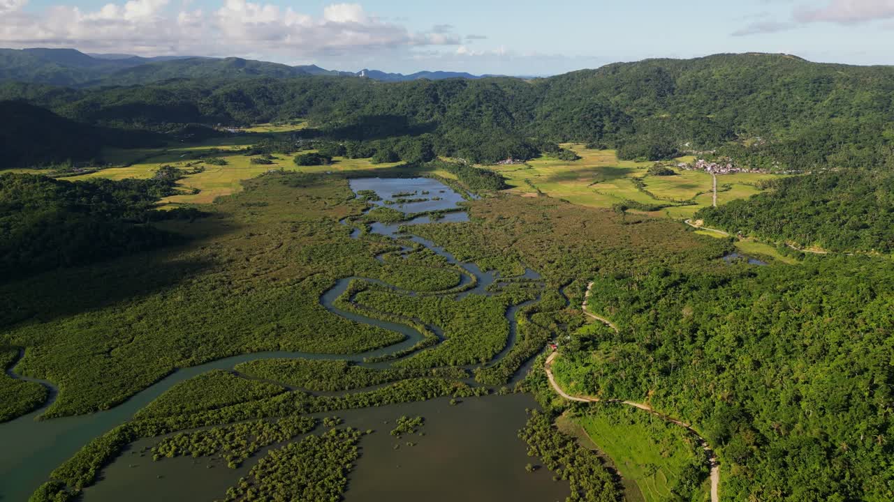 Aerial pullback of scenic winding mangrove rivers and forest amid lush tropical island valley during daytime at Bato, Catanduanes, Bicol, Philippines.