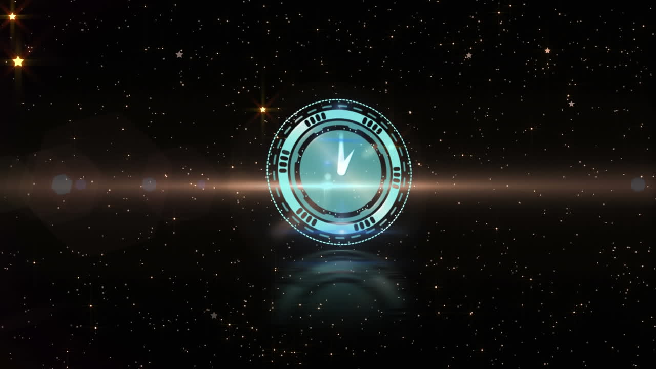 Animation of clock with moving hands over glowing stars on black background