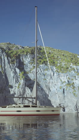 luxury sailboat anchored near a cliff coast