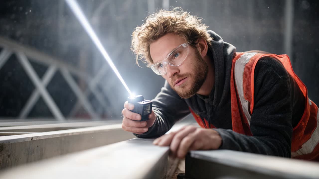 Construction worker using laser level for measurement
