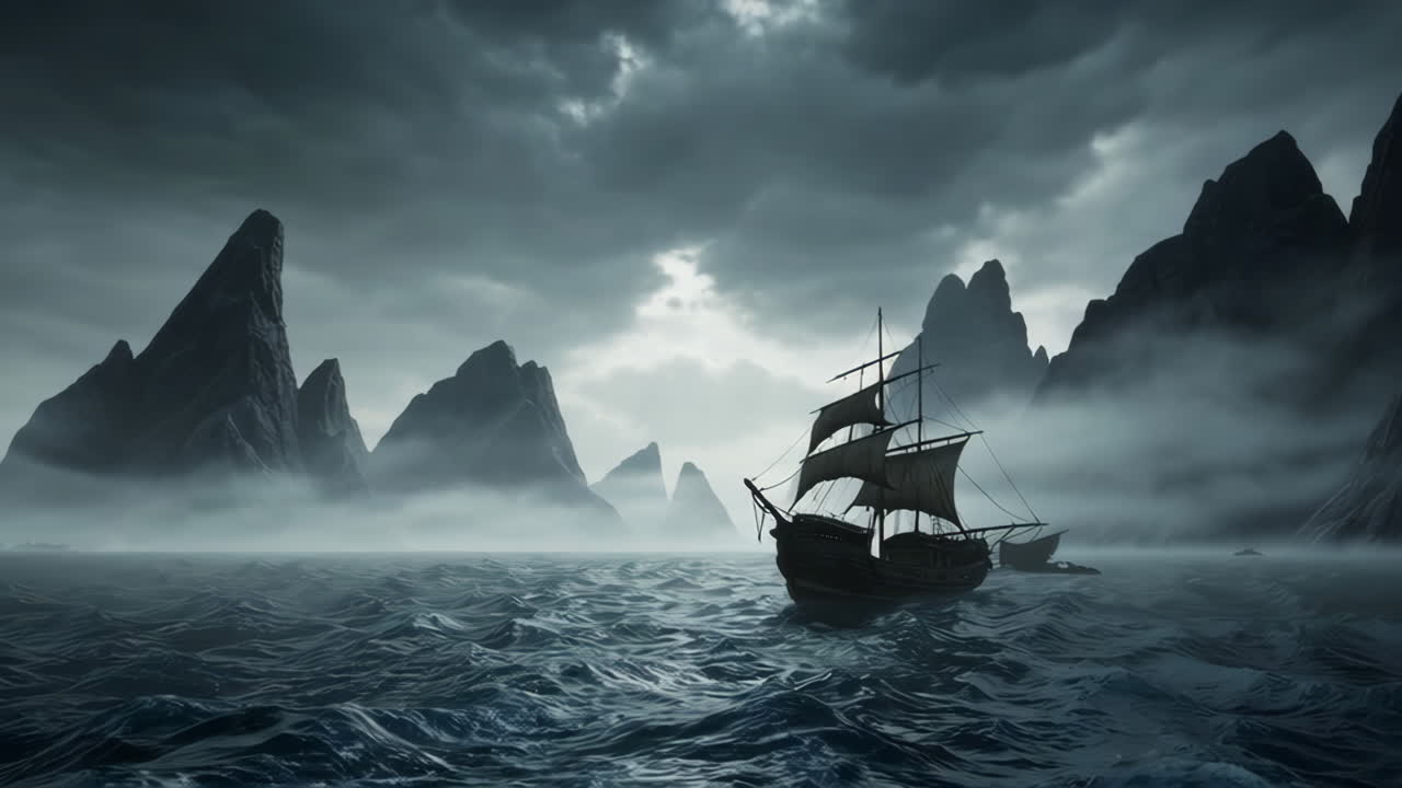 Dark and Foggy Seascape with a Sailing Ship
