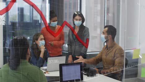 Animation-of-financial-data-processing-over-diverse-business-people-wearing-face-masks