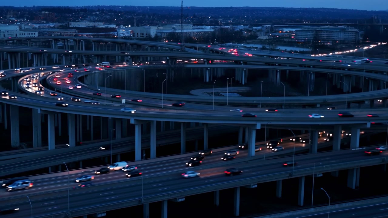 High-angle dusk panorama of multilayer highway interchange showing glowing traffic moving along curved elevated ramps, spiral loops, and parallel overpasses above urban waterfront with blue evening
