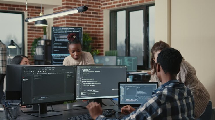 Programmer analyzing compiling code on multiple screens takes off glasses and doing high five hand gesture